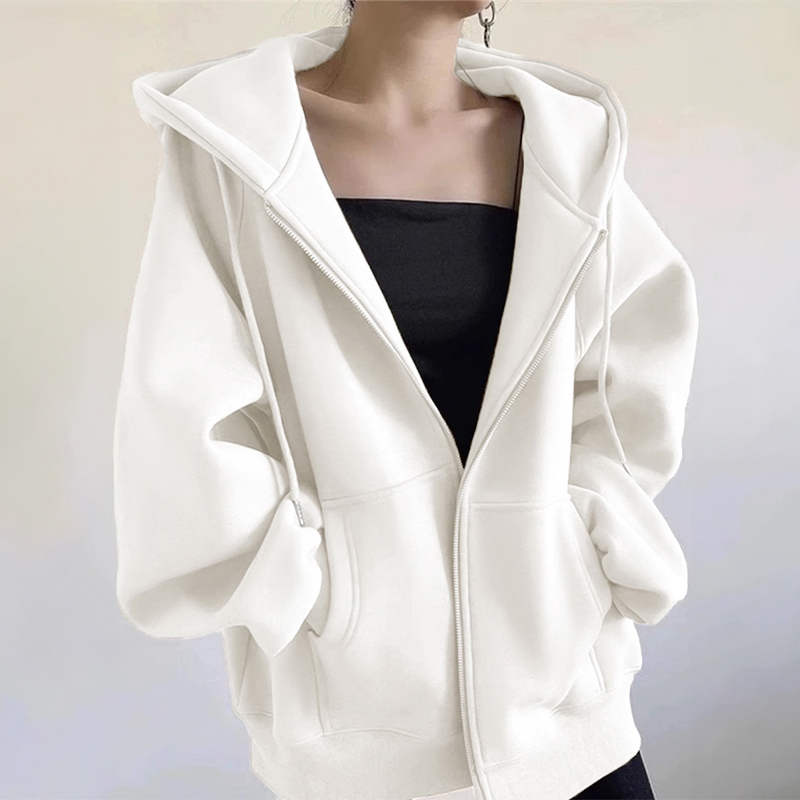 White Hooded Sweatshirt for Women, Autumn and Winter, Fleece-Lined and Thickened, 2026 New Popular Style, Lazy Style, Loose Zipper Top