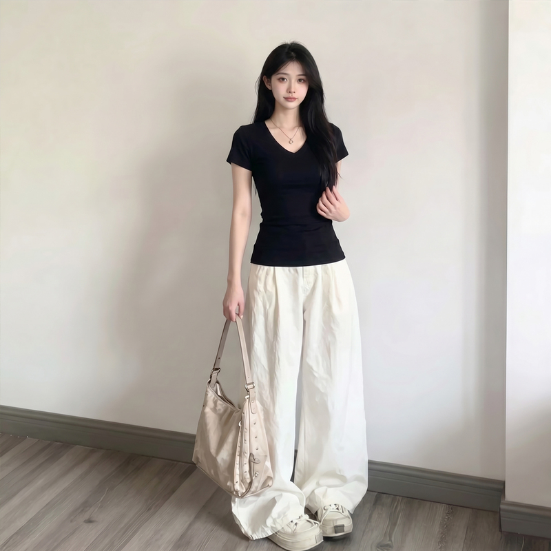 Right-Shoulder V-Neck Black Short-Sleeve Women's T-Shirt 2026 New Slim-Fit Half-Sleeve Summer Inner Layer Base Shirt Long-Sleeve Top
