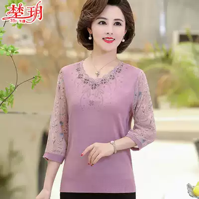 2020 new middle-aged mother spring dress short foreign pie knit coat middle-aged and elderly women Large size base small shirt thin