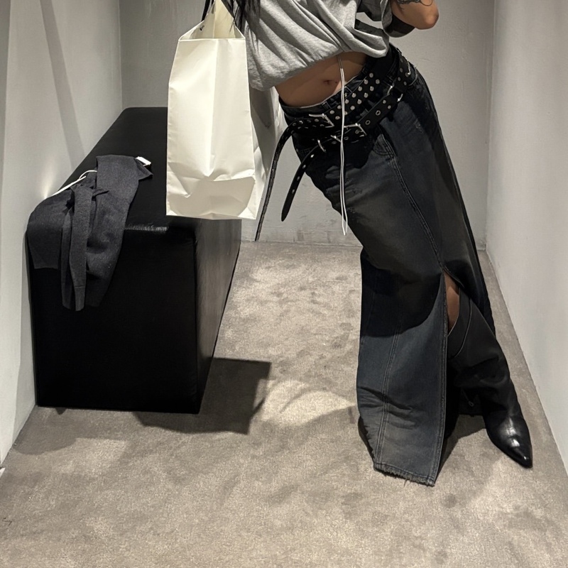 Korean Direct Mail Niche Designer Brand 25Fw New Model Washed Front Slit Draped Long Denim Skirt