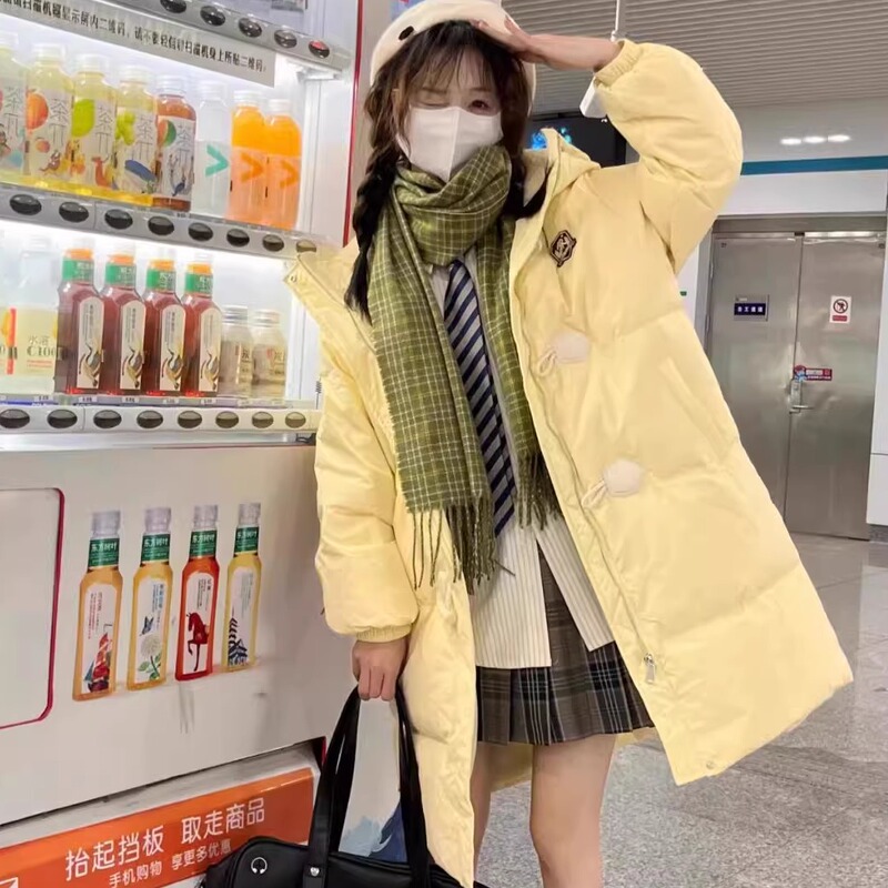 Fufu Yellow down Jacket for Women, Mid-Length, 2025 New Winter Thickened Jk Style with Horn Buttons, Academy Style, Student Fashion