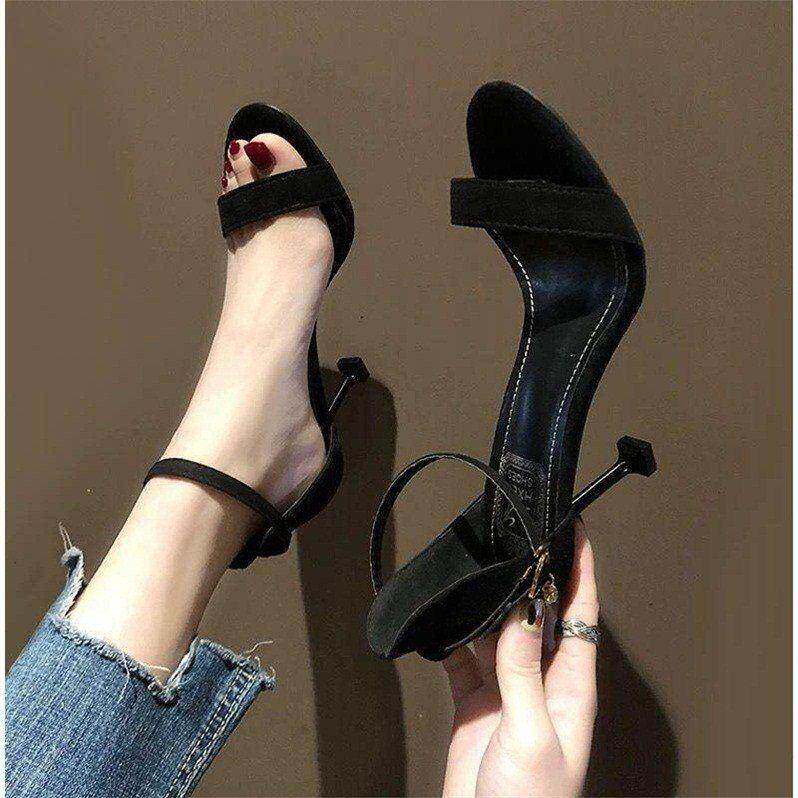 2019 new black open toe buckle stiletto sandals female fairy wind summer net red thin strap all-match high heels