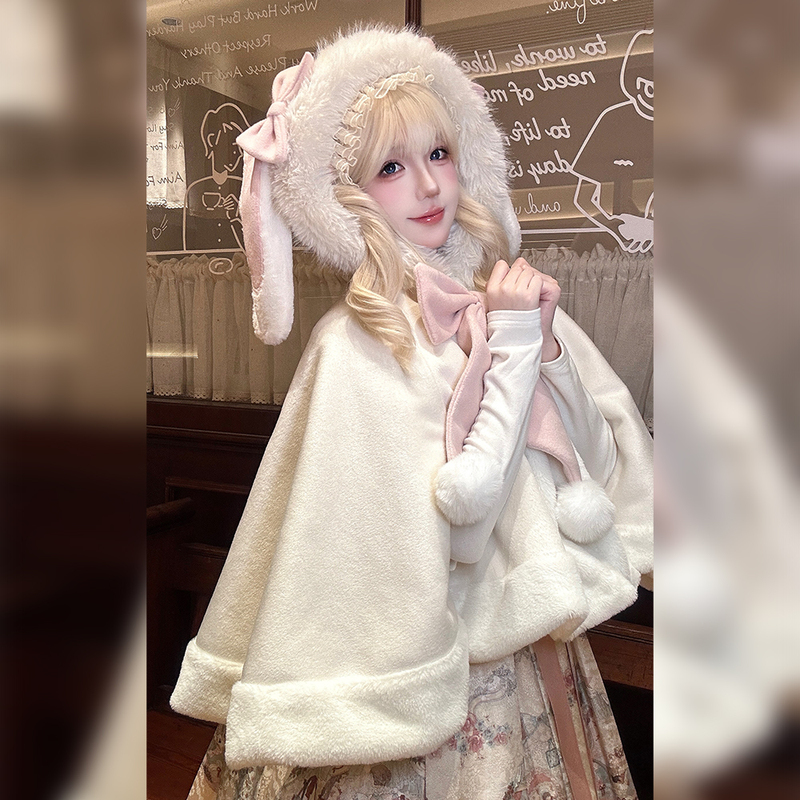 In Stock: Kitten Call/Fluffy Rabbit Cape Wool Cute Autumn and Winter Rabbit Ear Cape