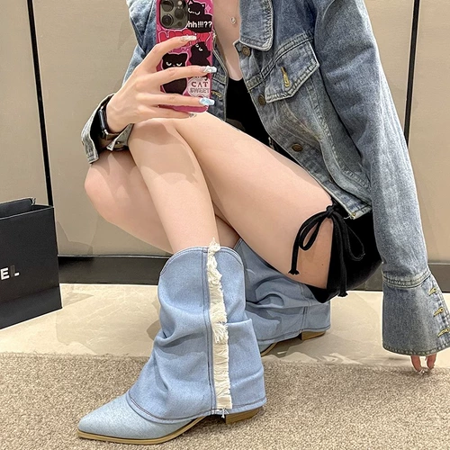 Джинсовые сапоги с заостренным носом, тканевые синие штаны