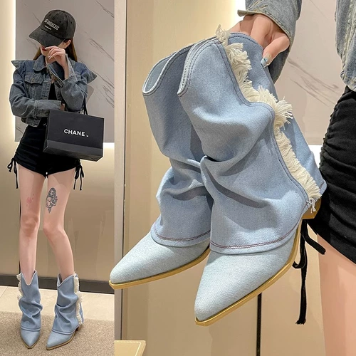 Джинсовые сапоги с заостренным носом, тканевые синие штаны