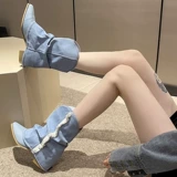 Острые ковбойские сапоги в стиле вестерн, женские 2025, новые парусиновые брючные ботинки с рукавами с кисточками, длинные синие уличные мотоциклетные ботинки бомбового цвета