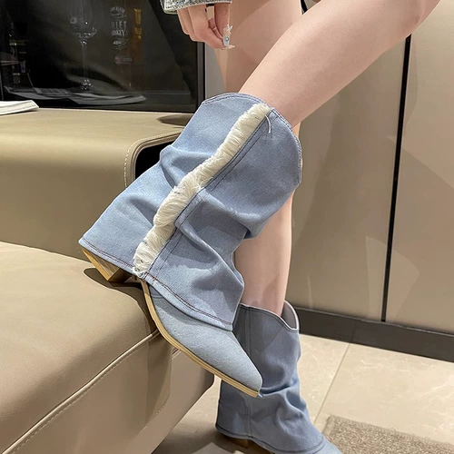 Джинсовые сапоги с заостренным носом, тканевые синие штаны