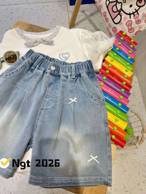 Ngt66355 Love Heart Diamond Button Denim Shorts 2026 Summer 120-160