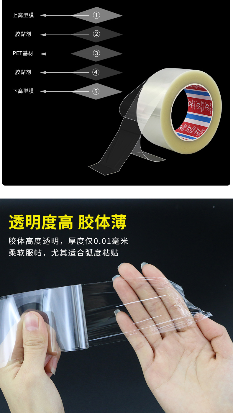 Băng keo hai mặt siêu trong suốt 0,01mm siêu mỏng, bánh kẹp phim phát hành hai mặt, băng keo hai mặt PET dày 10µm, các bộ phận sản phẩm điện tử, công tắc màng, màn hình hiển thị, băng keo hai mặt băng keo 2 mặt khổ lớn