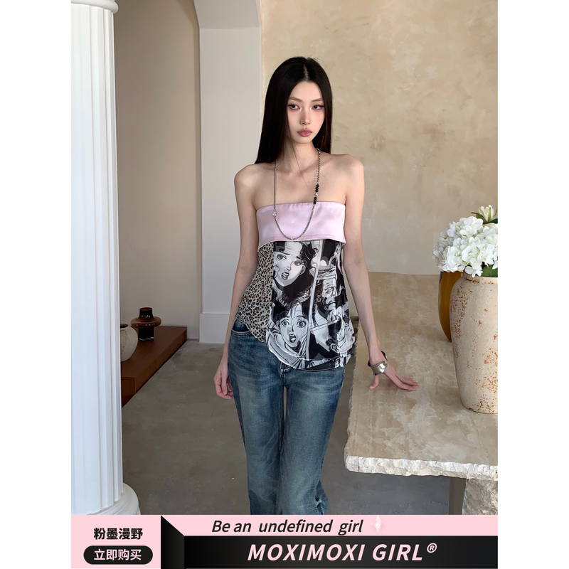 Moxi Retro Print Camisole with Acetate Satin Patchwork and Bandeau Style Moxi Retro Print Camisole with Acetate Satin Patchwork and Bandeau Style