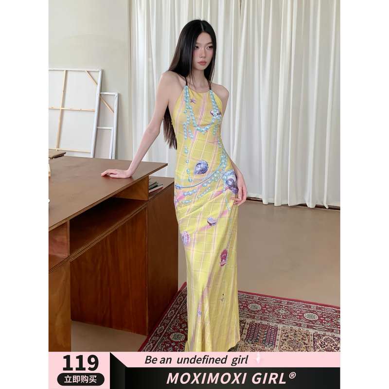 Moxi Summer Vacation 3D Plaid Broken Pearl Print Backless Slim Long Dress