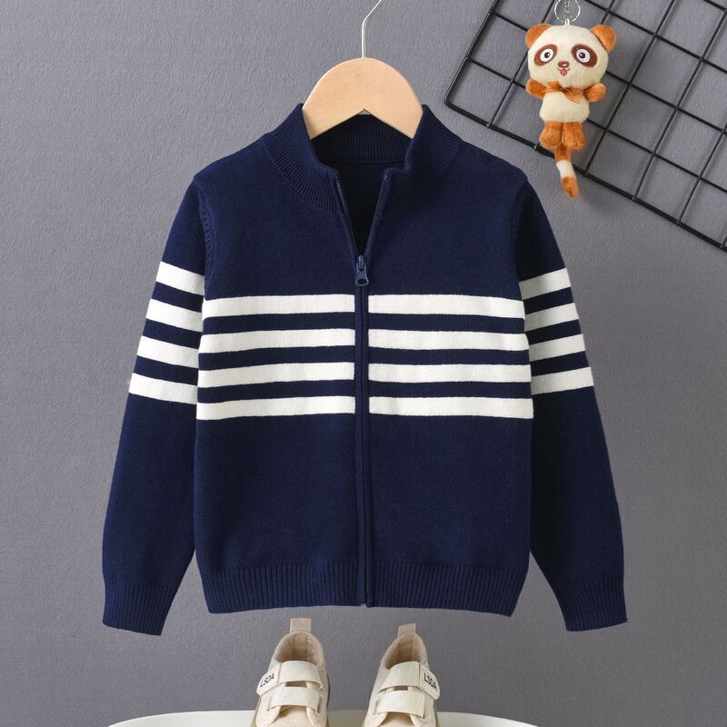 Cotton Cardigan Sweater for Older Boys, Stylish and Versatile Striped Zip-Up Knitwear, Cool Jacket Cotton Cardigan Sweater for Older Boys, Stylish and Versatile Striped Zip-Up Knitwear, Cool Jacket
