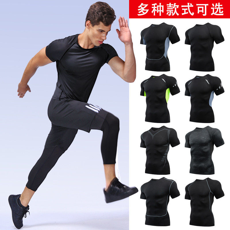 Tight Fit Men Fitness Suit Sports Suit Short Sleeve Quick Jersey Running Basketball Training Vest Fitness Dresses