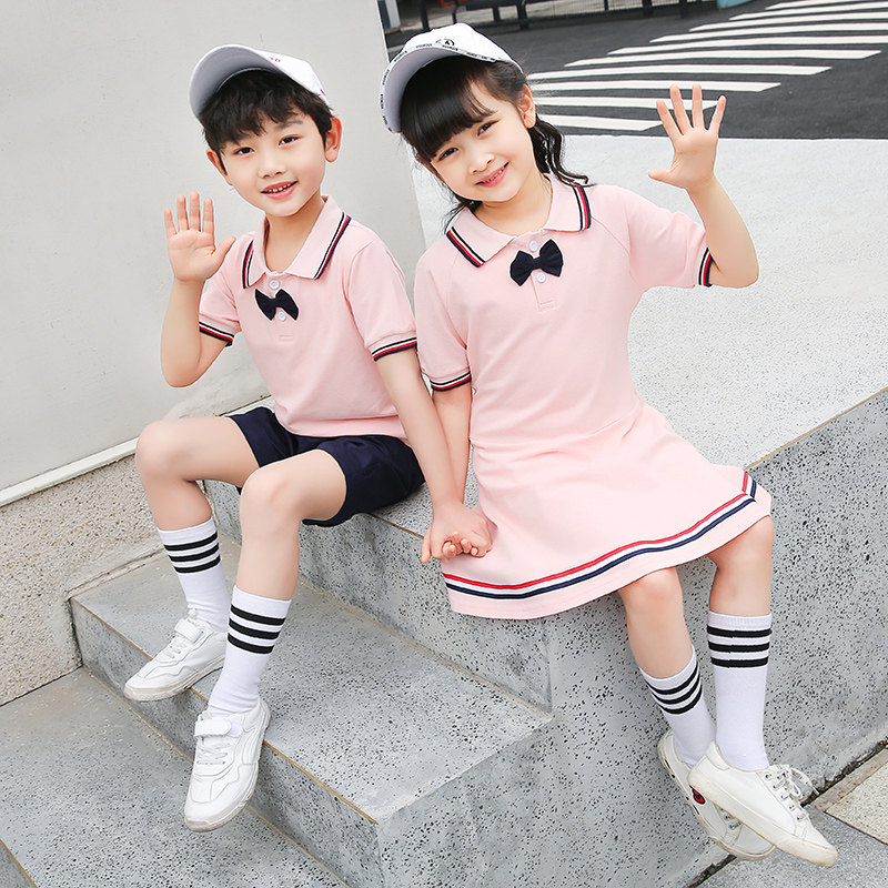 Elementary school uniform summer dress English style short sleeve cotton kindergarten dress summer first grade children's class uniform set