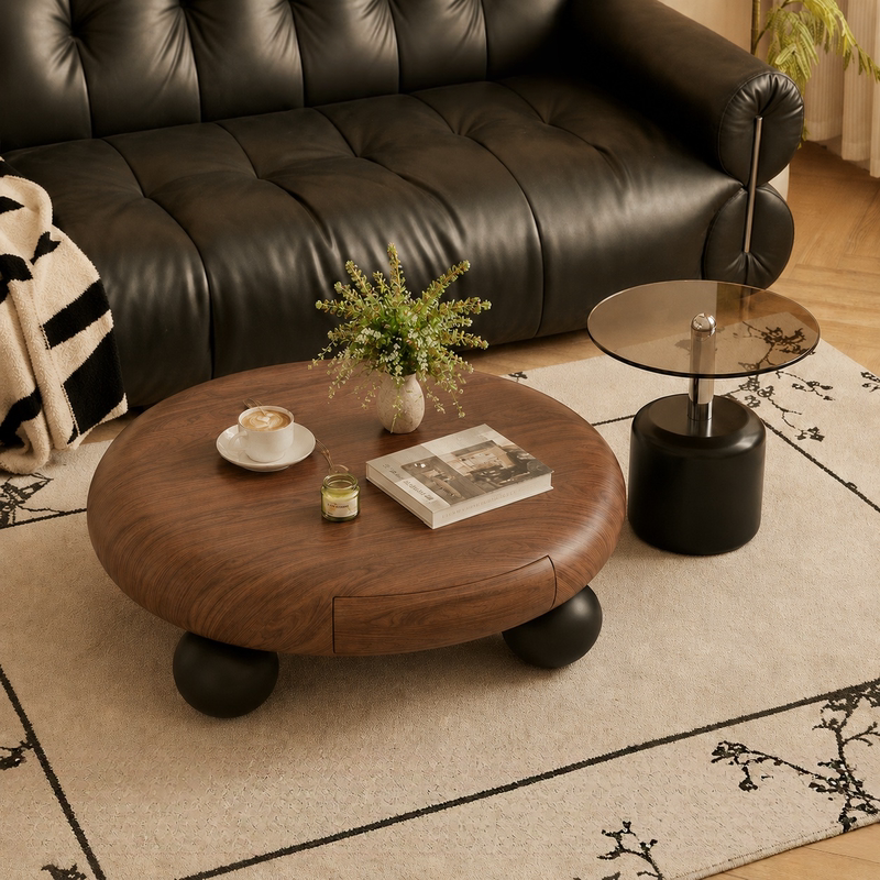 Medieval-Style Walnut Veneer Coffee Table 2026 New Model Light Luxury High-End Storage Large and Small Round Coffee Table Side Table Set Medieval-Style Walnut Veneer Coffee Table 2026 New Model Light Luxury High-End Storage Large and Small Round Coffee Table Side Table Set