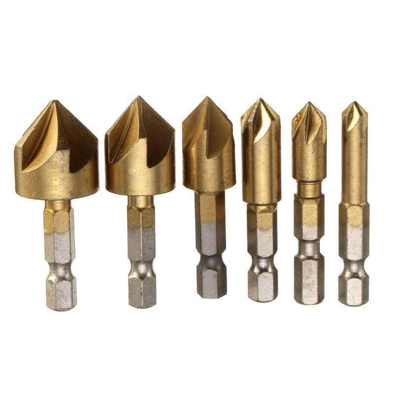 6PC hexagonal shank plated titanium five-edged chamfered knife 3PC Chambering Chamfers 12mm16mm19mm Woodworking Countersink