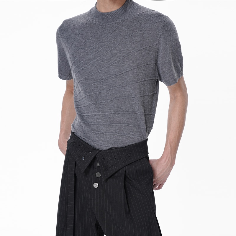 Gangurru Loose-Fitting Light Wool Sculptural Jacquard Knitwear Breathable Mid-Collar Short-Sleeve Knit T-Shirt for Men