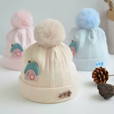 Spring and Autumn Newborn Tire Cap 0-3 month 1 baby hat ear protection wool ball cotton winter newborn children and boys