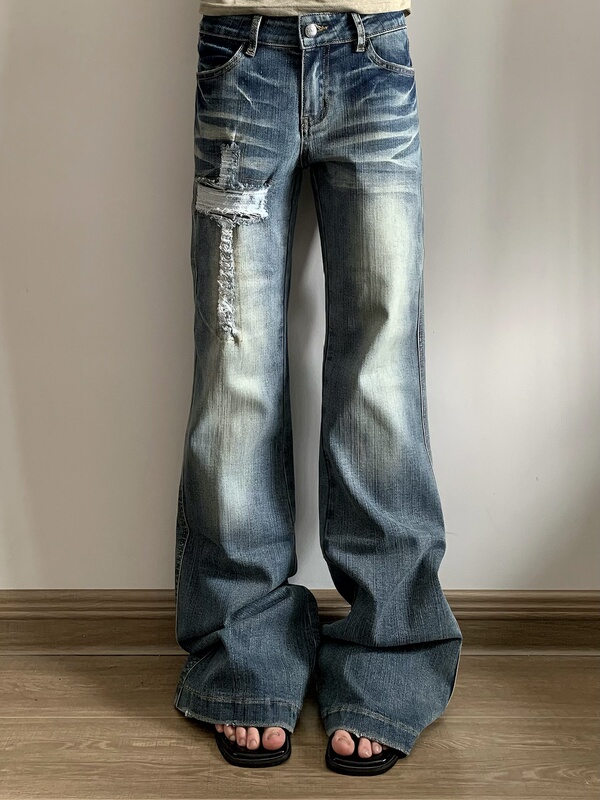 Complex 27 American Retro Cross Distressed Design Low-Waist Jeans for Women, Slimming and Versatile Long Pants