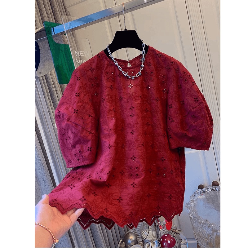 2026 Summer New Style French Fashionable and Trendy Age-Reducing Embroidered Lace Loose Belly-Covering Short-Sleeved Shirt Top for Women 2026 Summer New Style French Fashionable and Trendy Age-Reducing Embroidered Lace Loose Belly-Covering Short-Sleeved Shirt Top for Women