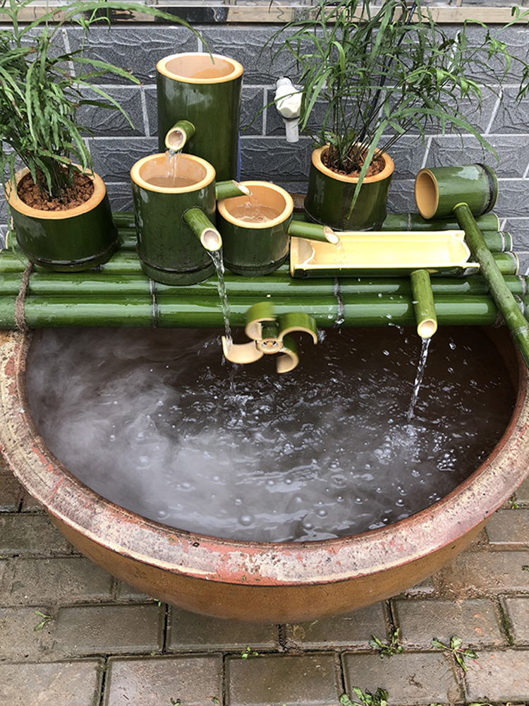 Bamboo ware ceramic aquarium water filter rockery stone runnel fish pond decorative furnishing articles Bamboo water circulation system