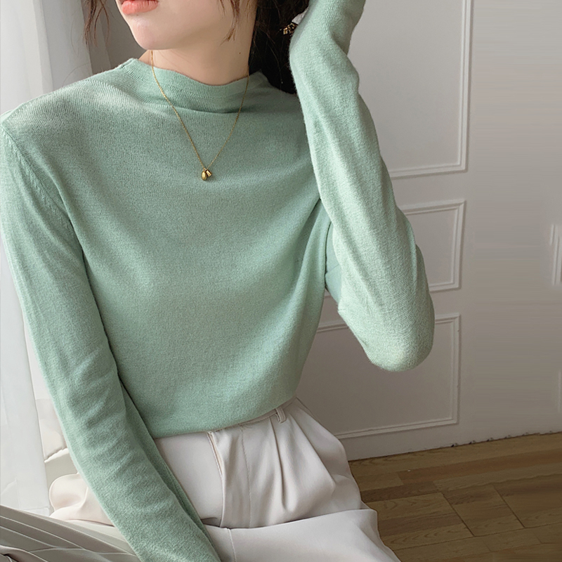 2025 Mint Green Half-High Collar Base Shirt for Women, Long-Sleeve T-Shirt, Autumn and Winter Knitted Sweater, Popular Thin Top