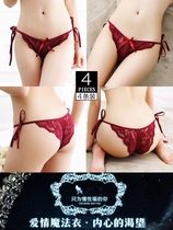 Honey thong women sexy L lace open crotch lace up nails European and American large size wine red Japanese t-character underwear full