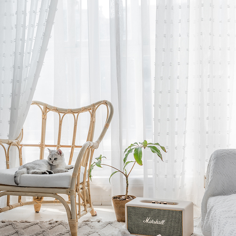 Nordic yarn curtain material Translucent impermeable human yarn curtain curtain white yarn finished product Semi-shading Balcony bay window partition Light luxury
