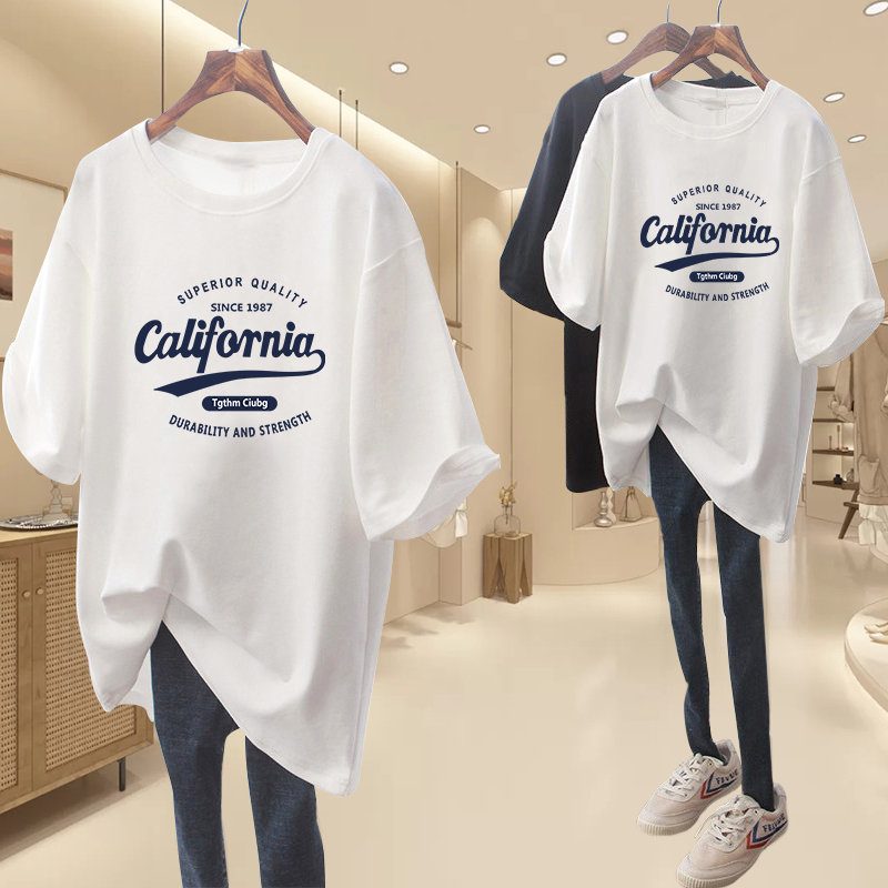 Maternity Summer Tops, Pure Cotton, Letter Print, Short-Sleeved, Loose Fit, Plus Size, Mid-Length Maternity T-Shirts for Women, Summer Korean Style Trendy Mom