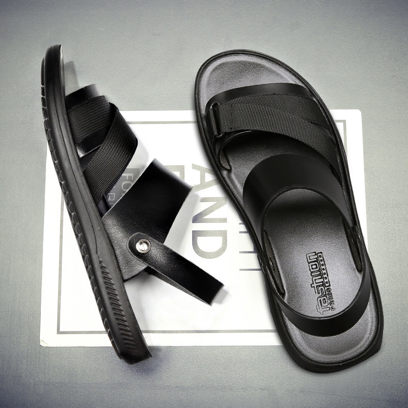 Sandals men's summer trendy casual beach leather sandals outdoors wear non-slip soft bottom dual-use men word slippers