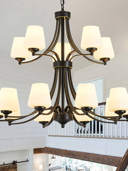 Large Chandelier in the Living Room of a Duplex House, American-Style Rotating Vintage Loft Apartment, Open-Air Three-Story Stairwell Large Chandelier