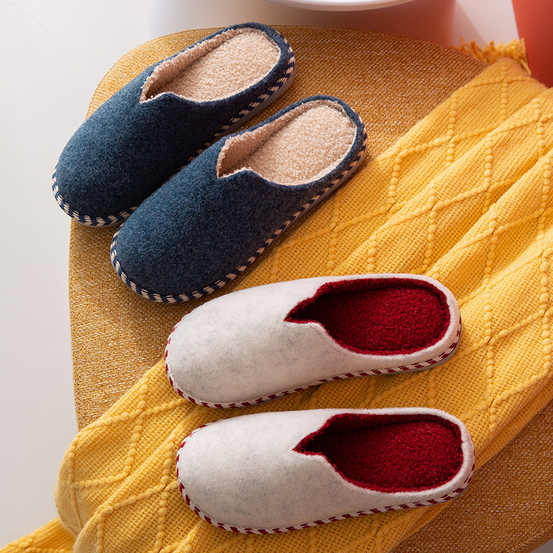 Japanese-Style Solid Color Felt Autumn and Winter Couple's Home Soft-Soled Cotton Slippers, Warm Women's Plush Thick-Soled Non-Slip Slippers for Men
