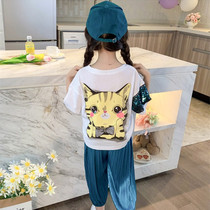 Girls summer clothes net red suit 2021 new foreign style Korean childrens clothes little girl short-sleeved T-shirt two-piece set tide