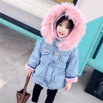 Korean girl plus velvet denim coat 2021 autumn and winter New medium big child Net red thick hair collar denim tide