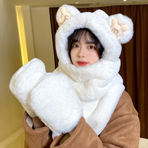 Scarf female one bear hat winter warm cute scarf winter hooded ear protection plush three-piece gloves