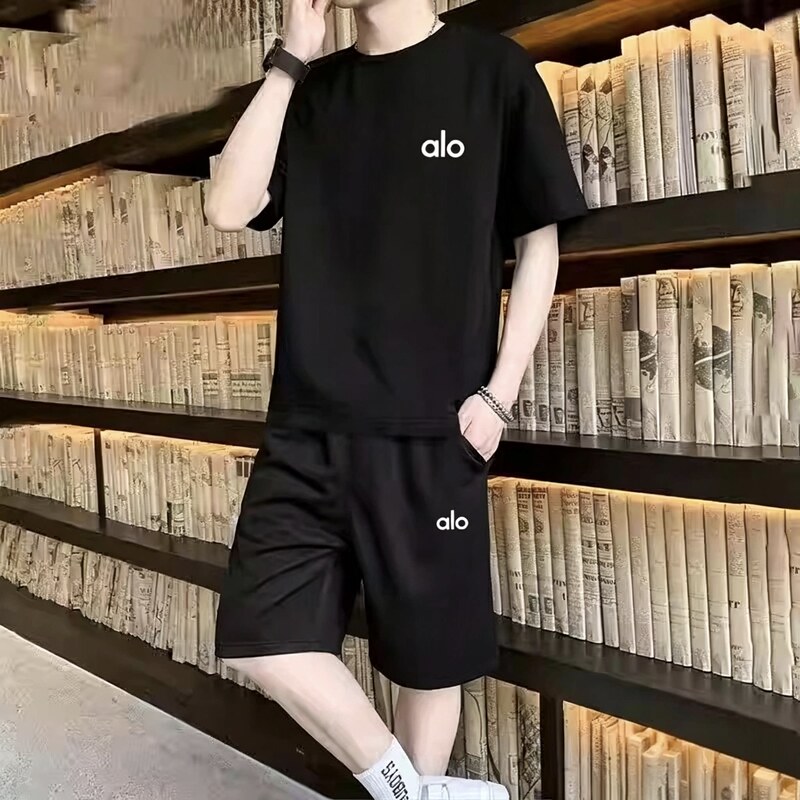 Alo Casual Suit for Men 2026 Summer New Style Pure Cotton Breathable T-Shirt Sports Short-Sleeved Shorts Two-Piece Set Men's Clothing