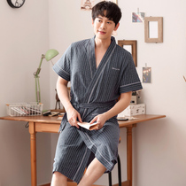 Mens nightgown summer short sleeve cotton long bathrobe robe loose plus size stripe Japanese personality pajamas