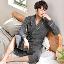 Mens spring and autumn cotton plus fat large size nightgown tether long sleeve home clothes dad Plaid simple personality pajamas