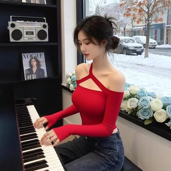 French-Style Pure Desire Off-Shoulder Halter Neck Red Long-Sleeve T-Shirt for Women, New Spring Model, Petite Waist-Cinching Slim-Fit Spicy Girl Top