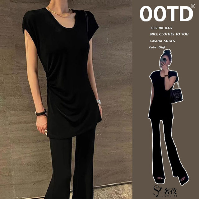 Black slim mid-length short-sleeved T-shirt for women summer new casual age-reducing high-end slim top and bottoming shirt