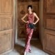 French resort style retro printed halterneck dress for women in summer, high-end, slim and elegant long skirt