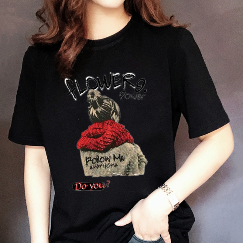 Summer Black T-Shirt for Women, Short-Sleeved, Pure Cotton, Round Neck, Loose Fit, Plus Size, Korean Style, Printed, Half-Sleeve, White, Slim Fit, Trendy