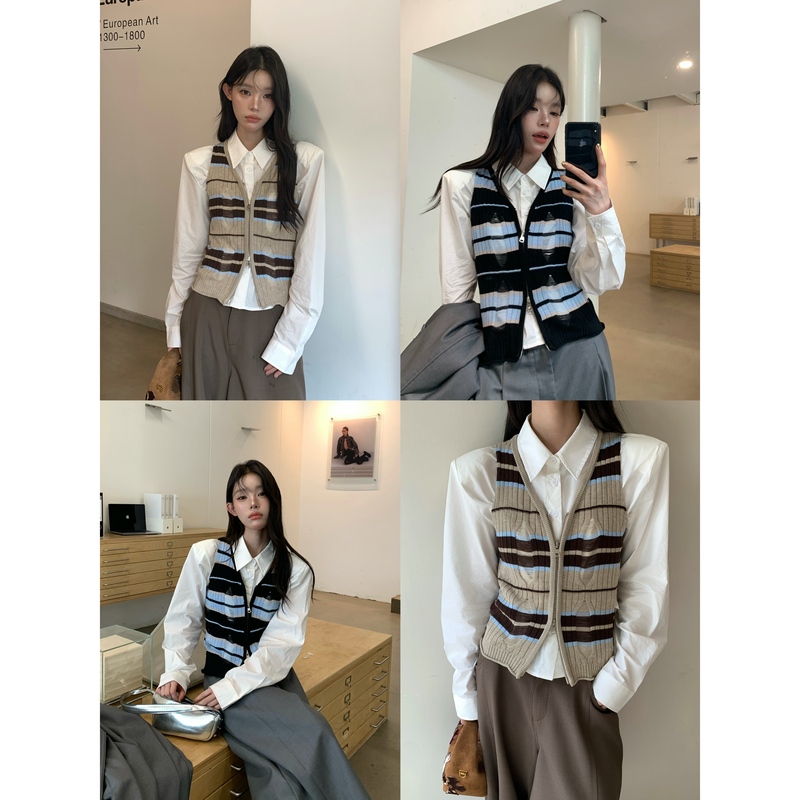 【Ywyw26F/W】V-Neck Double-Zip Distressed Striped Knit Vest 7339