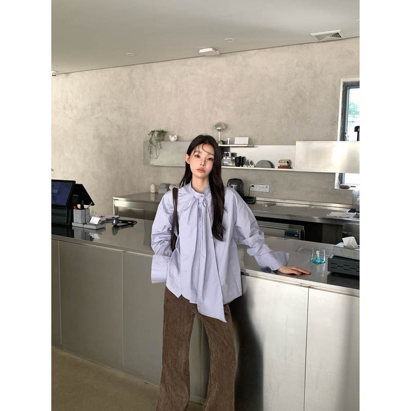 【Ywyw26F/W】Lace-Up Irregular Neckline Long-Sleeved Elegant Shirt with Accessories 7535 【Ywyw26F/W】Lace-Up Irregular Neckline Long-Sleeved Elegant Shirt with Accessories 7535