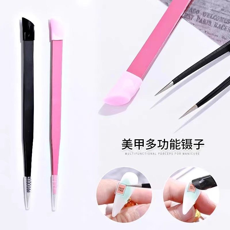 Nail Art Tweezers Double-Ended Metal Straight Head for Picking up Accessories Silicone Anti-Static Nail Press Sticker Flower Special Tool