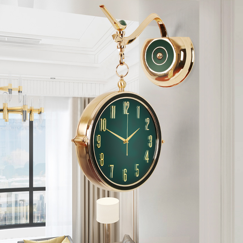Light luxury gold-plated double-sided wall clock living room creative mute two-sided clock home European-style quartz clock decoration Nordic clock