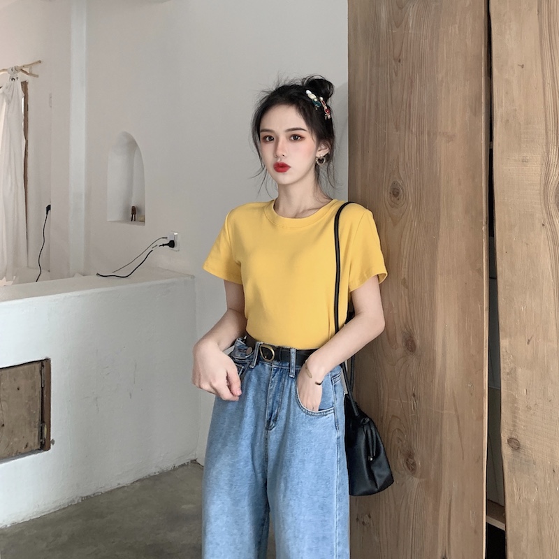 . Cotton mùa hè Hàn Quốc ngắn tay T-shirt nữ sinh viên thủy triều ngắn mỏng lưng cao vòng cổ áo sơ mi hàng đầu