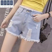 . Cao eo quần short denim nữ mùa hè đang phụ nữ lớn 200 pound lỏng hiển thị nạc mỡ mm quần phụ nữ Hàn Quốc phiên bản mới bị phá vỡ