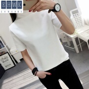 . Phụ nữ New bông tay áo t-shirt đáy mùa xuân, mùa thu và mùa đông bốn mùa 100 lỏng lớn mã ngắn T-shirt màu rắn cao cổ