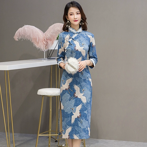 Демисезонный легкий пуховик, элегантное ципао, лонгслив, бархатное платье, 2019, светлый стиль